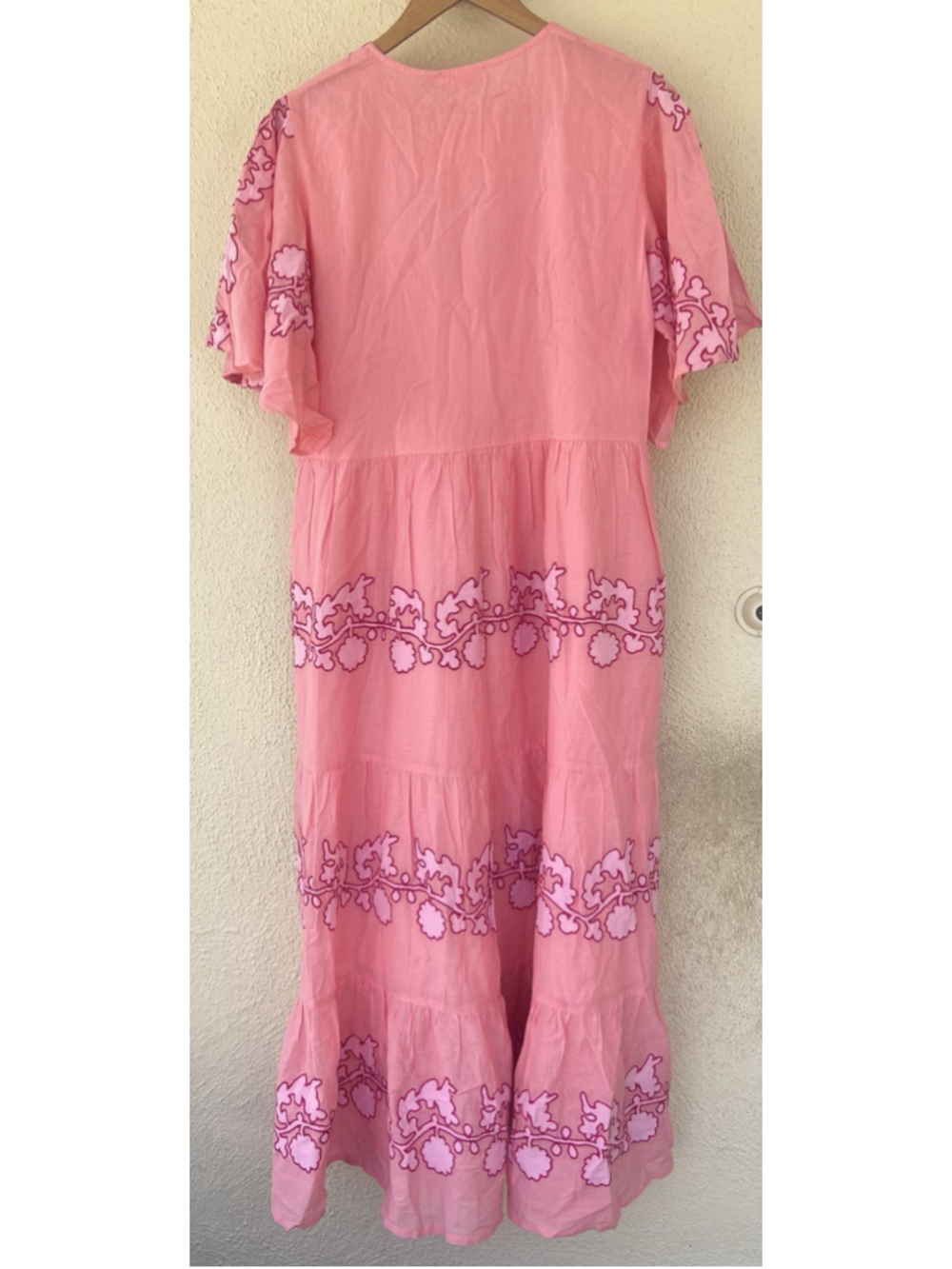 Oliphant Flirty V Neck Maxi Tiered Dress Tangier Pink Flutter Sleeve Embroidery - Picture 10 of 13
